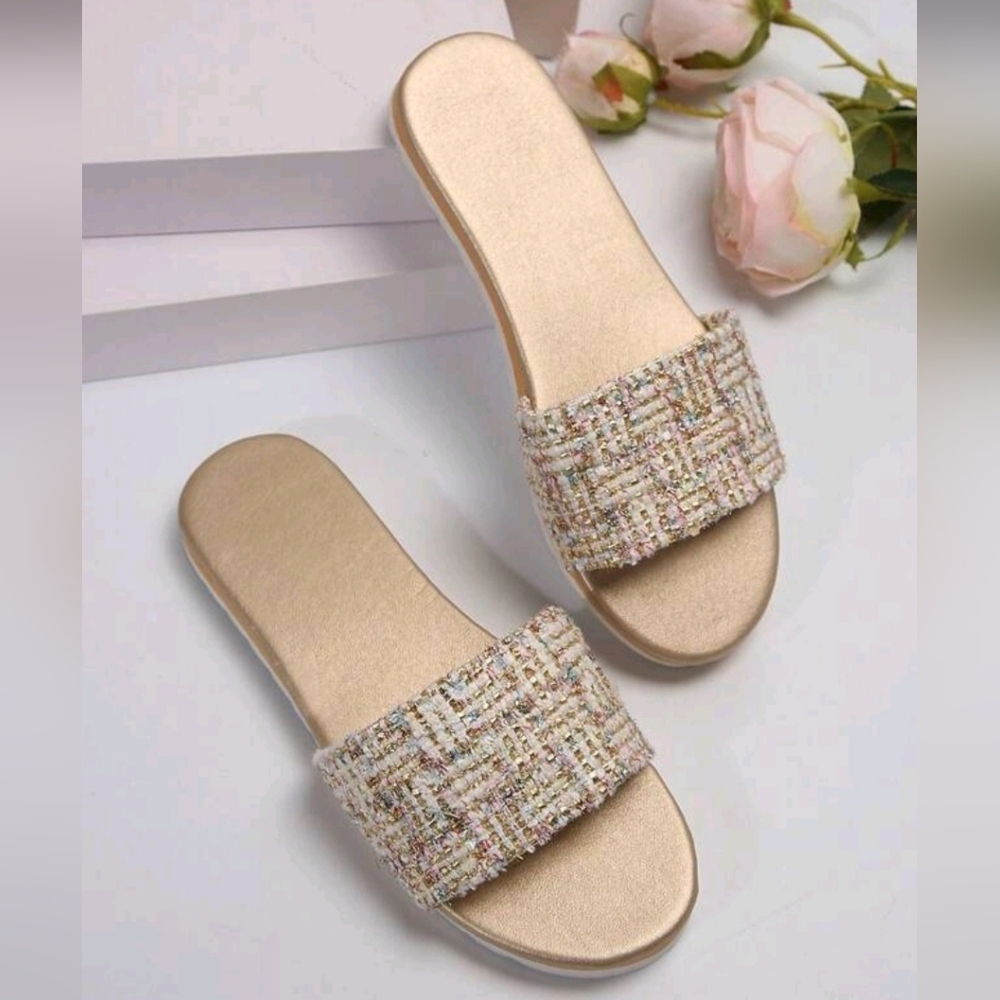 Tweed Slide Sandals retro  Comfortable light‎ weight flat Footwear for women